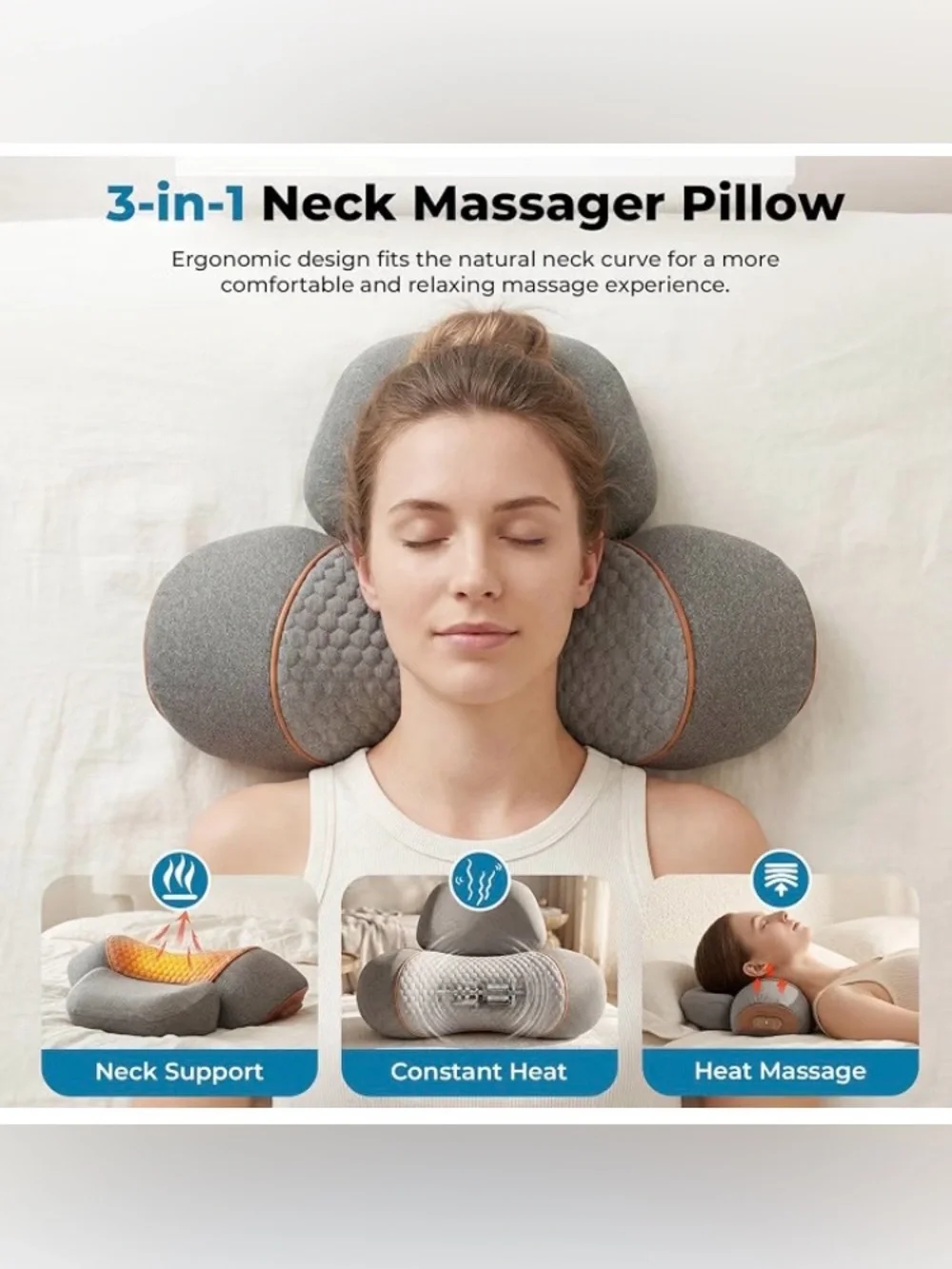 Freebody 3-in-1 Neck Massager Pillow with Heat &Massage Support, Grey,New